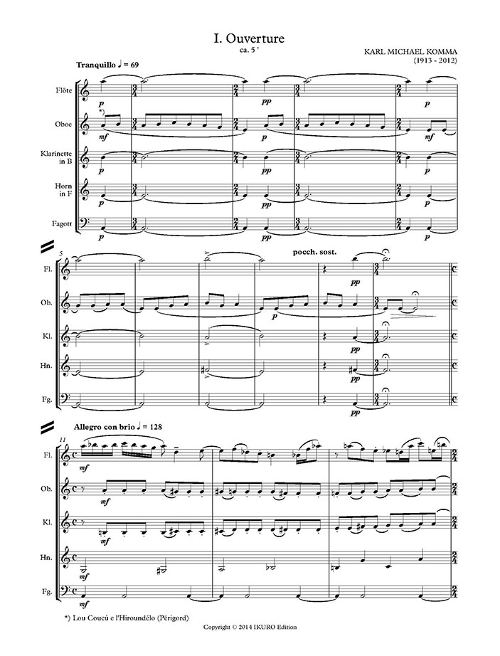 Karl M. Komma: Divertimento für Flöte, Oboe, Klarinette, Horn und Fagott (1955) Beispiel 01