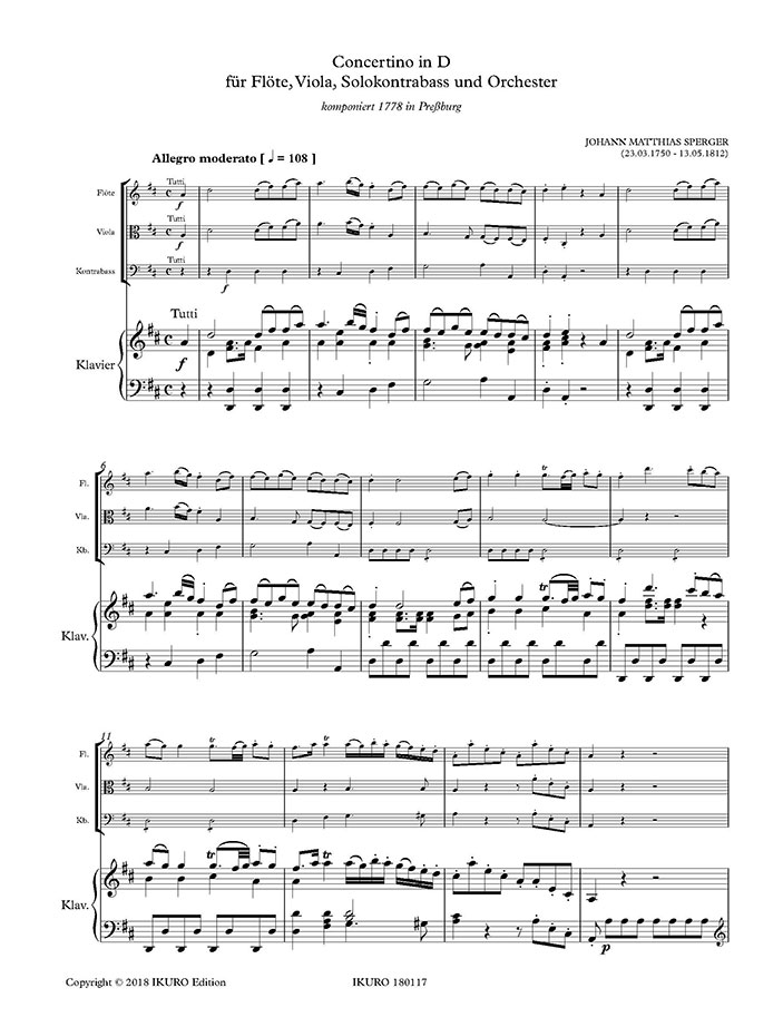Johannes M. Sperger: Concertino für Flöte, Viola, Solo-Kontrabass und Orchester | Klavierauszug Beispiel 01