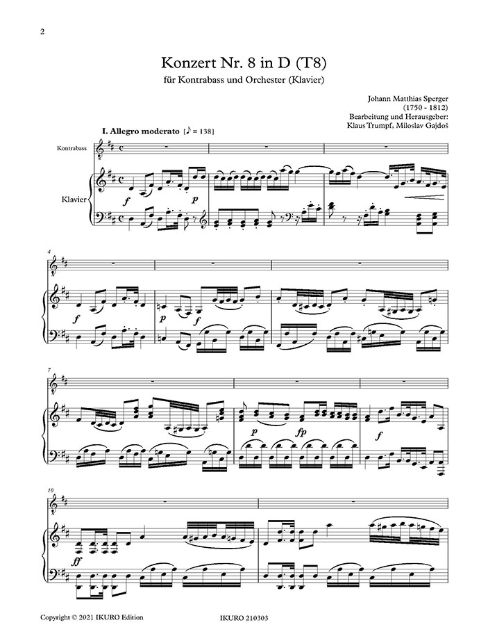 Johannes M. Sperger: Konzert Nr. 8 in D (T8) für Kontrabass und Orchester | Klavierauszug Beispiel 01