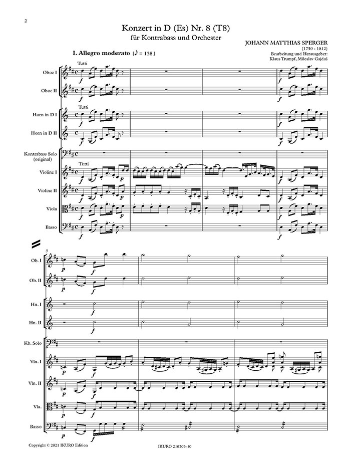 Johannes M. Sperger: Konzert Nr. 8 in D (T8) für Kontrabass und Orchester | Partitur Beispiel 01