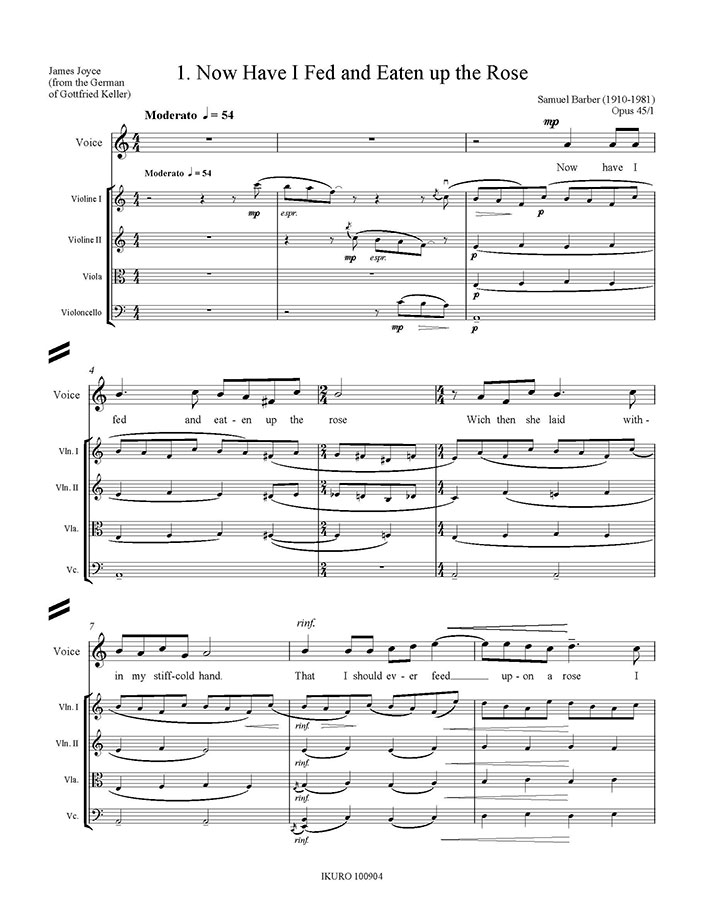 Samuel Barber / Xaver Paul Thoma: Drei Lieder übertragen für Stimme und Streichquartett Op. 163 (xpt) Beispiel 01