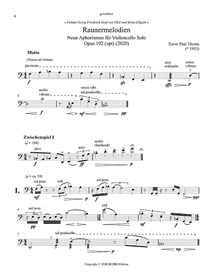 Xaver Paul Thoma: Raunermelodien für Violoncello Solo Opus 192 (xpt) Beispiel 01